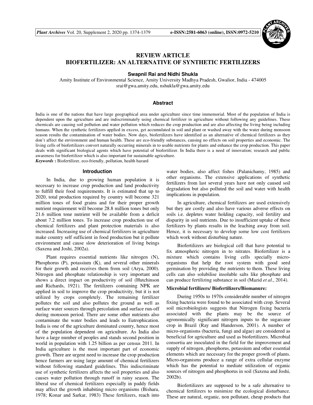 Review Article Biofertilizer: an Alternative of Synthetic Fertilizers