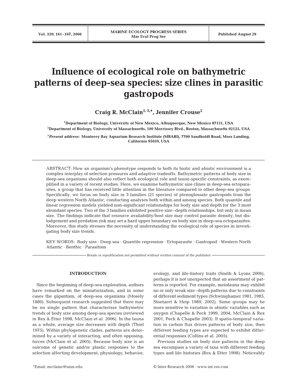 Influence of Ecological Role on Bathymetric Patterns of Deep-Sea Species: Size Clines in Parasitic Gastropods