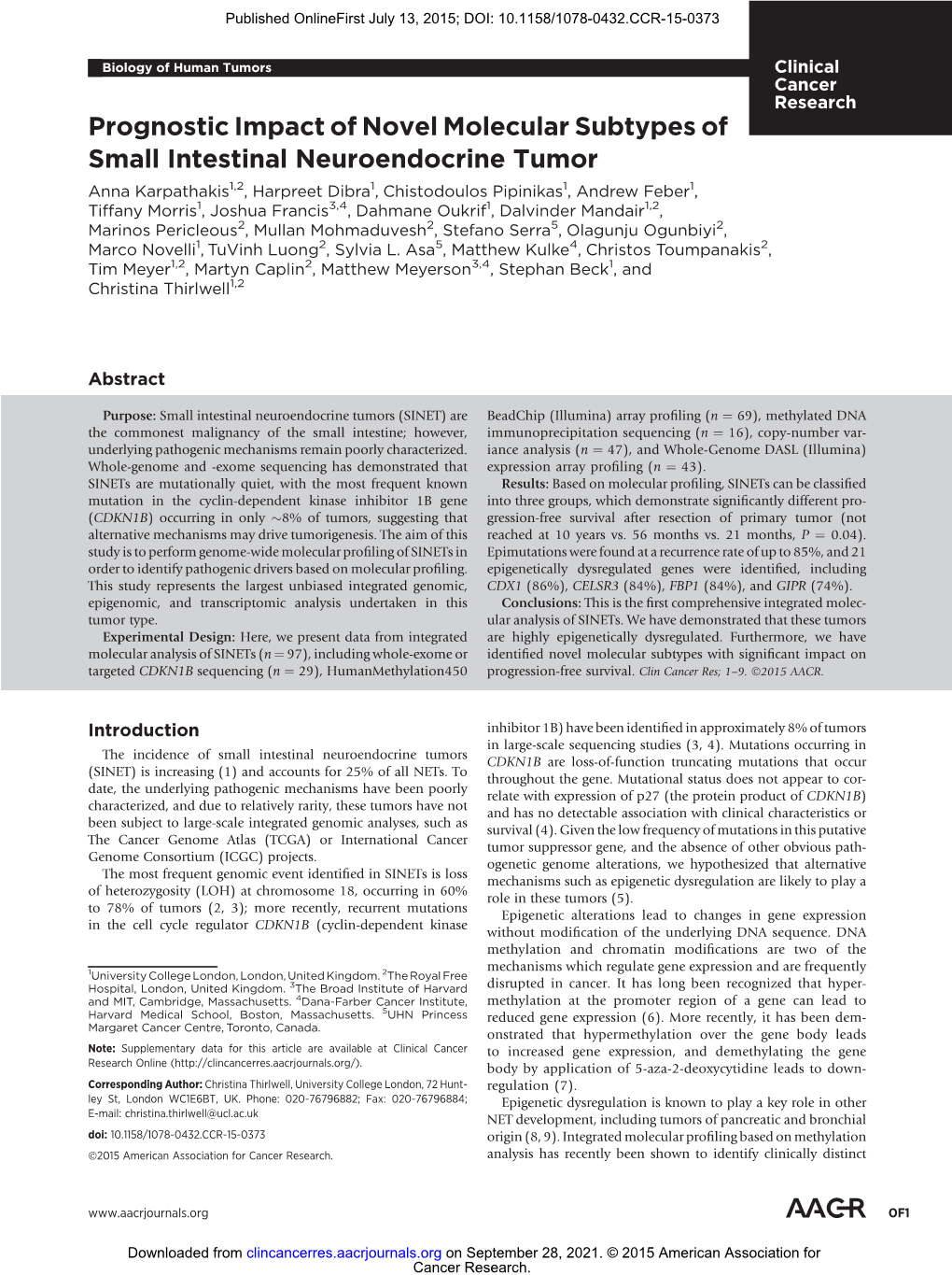 Prognostic Impact of Novel Molecular Subtypes of Small Intestinal