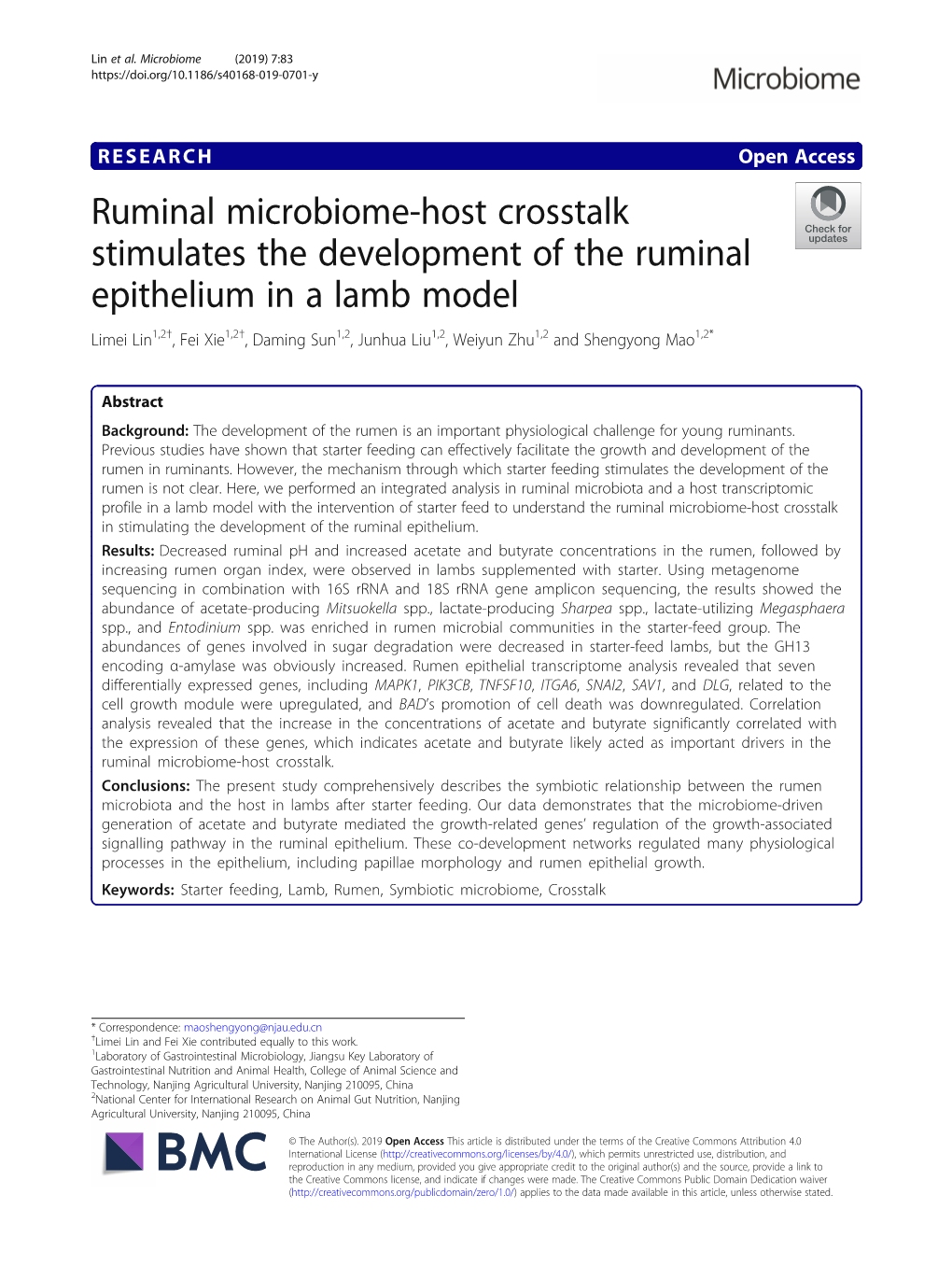 Ruminal Microbiome-Host Crosstalk Stimulates the Development of the Ruminal Epithelium in a Lamb Model