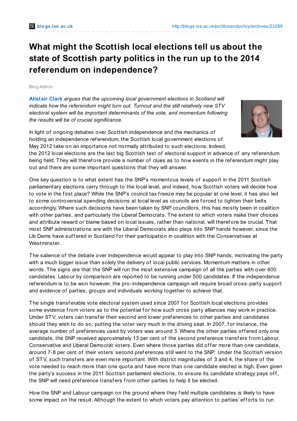 What Might the Scottish Local Elections Tell Us About the State of Scottish Party Politics in the Run up to the 2014 Referendum on Independence?