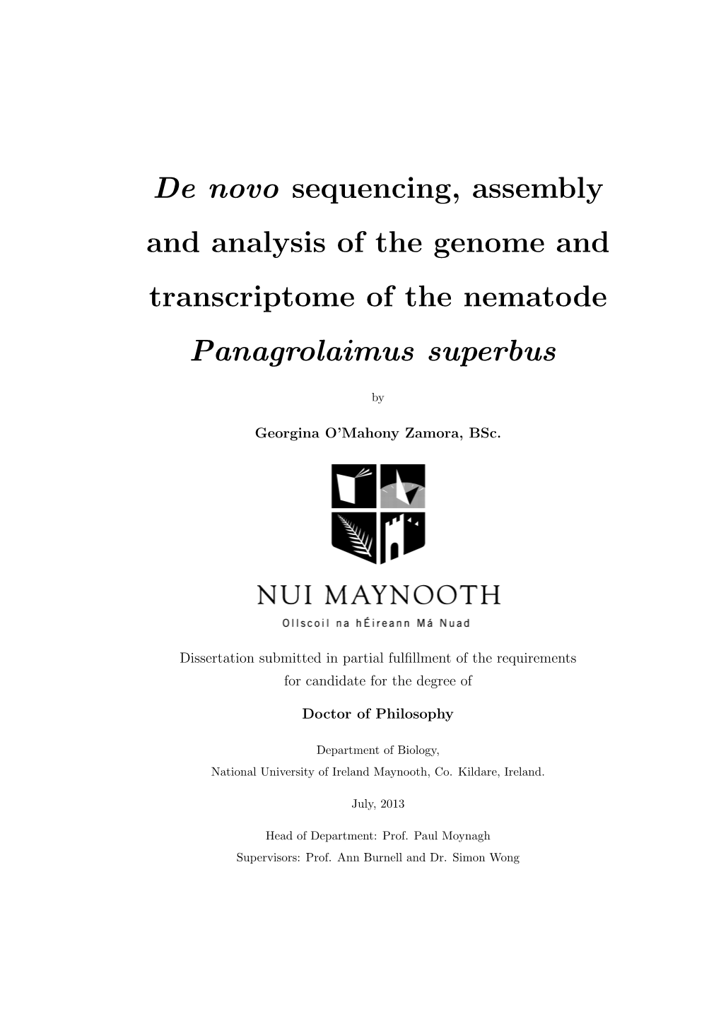 De Novo Sequencing, Assembly and Analysis of the Genome and Transcriptome of the Nematode Panagrolaimus Superbus