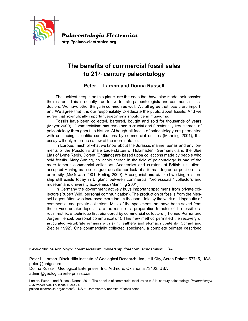 The Benefits of Commercial Fossil Sales to 21St Century Paleontology