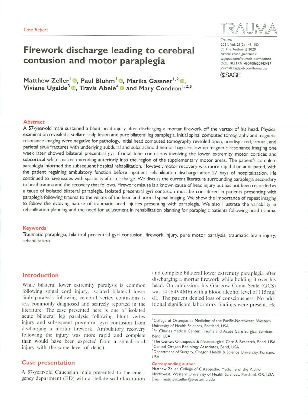 Firework Discharge Leading to Cerebral Contusion and Motor Paraplegia