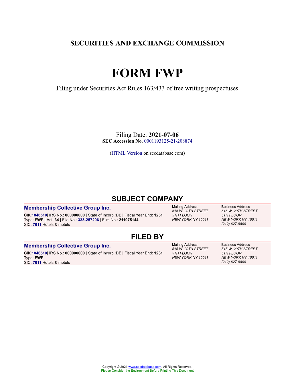 Membership Collective Group Inc. Form FWP Filed 2021-07-06
