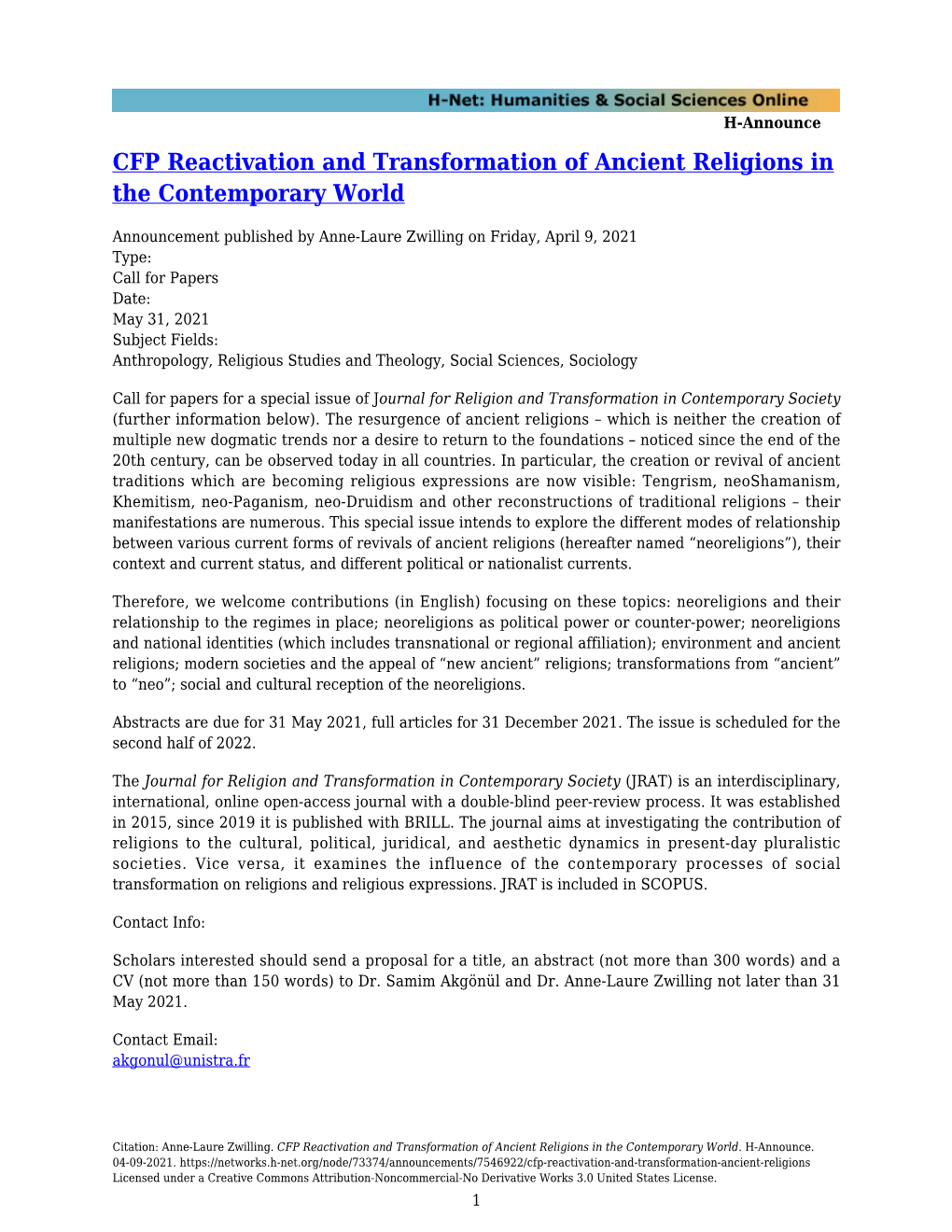 CFP Reactivation and Transformation of Ancient Religions in the Contemporary World