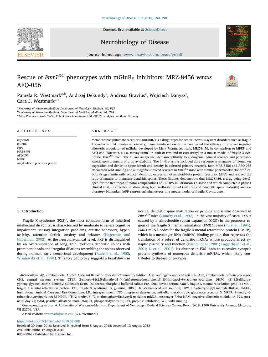 Rescue of Fmr1ko Phenotypes with Mglur5 Inhibitors MRZ-8456