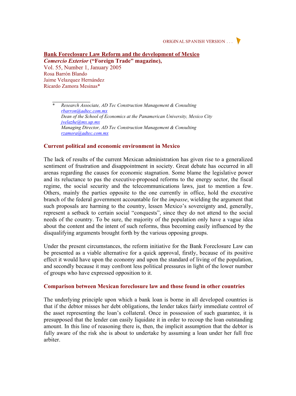 Bank Foreclosure Law Reform and the Development of Mexico Comercio Exterior (“Foreign Trade” Magazine), Vol