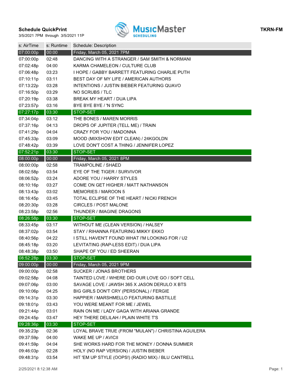 Schedule Quickprint TKRN-FM