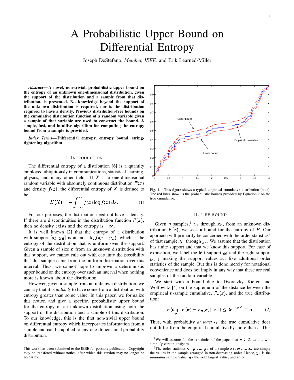 A Probabilistic Upper Bound on Differential Entropy Joseph Destefano, Member, IEEE, and Erik Learned-Miller