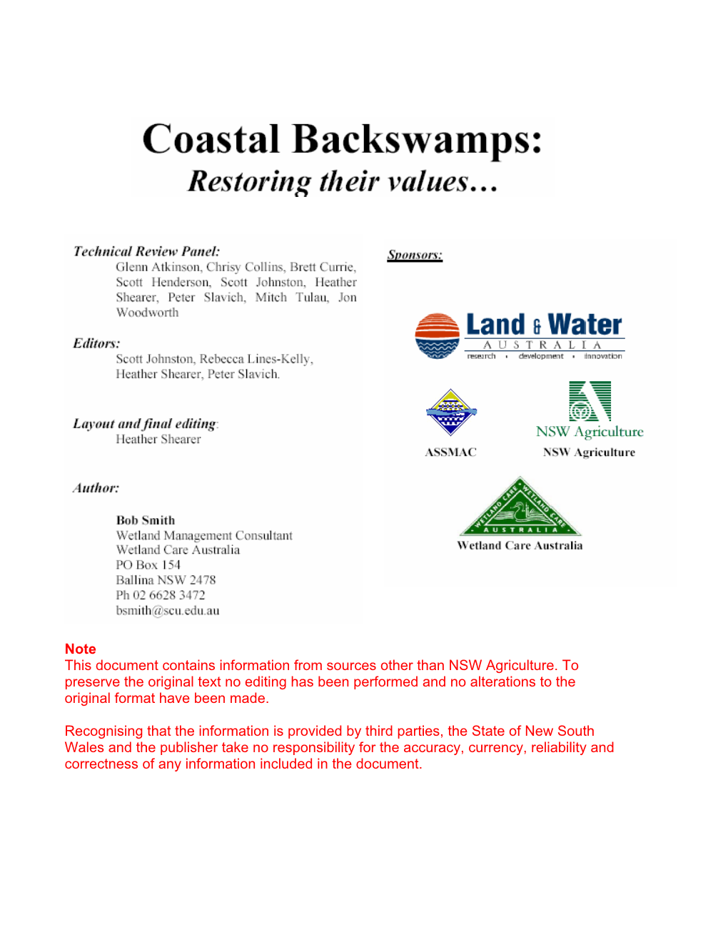 Coastal Backswamps: Restoring Their Values…