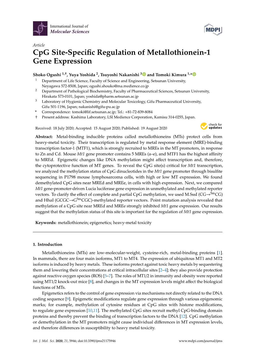 Cpg Site-Specific Regulation of Metallothionein-1 Gene Expression