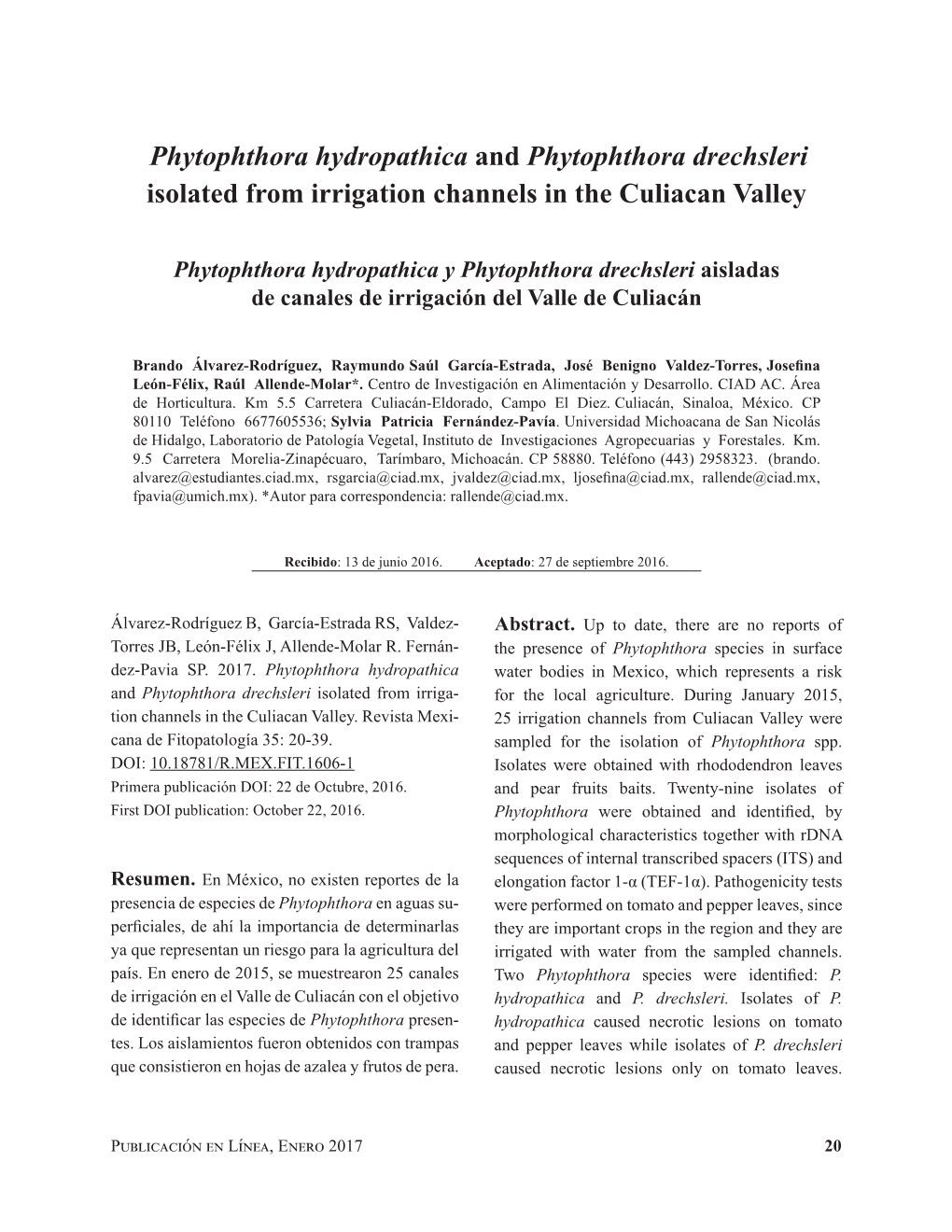 Phytophthora Hydropathica and Phytophthora Drechsleri Isolated from Irrigation Channels in the Culiacan Valley