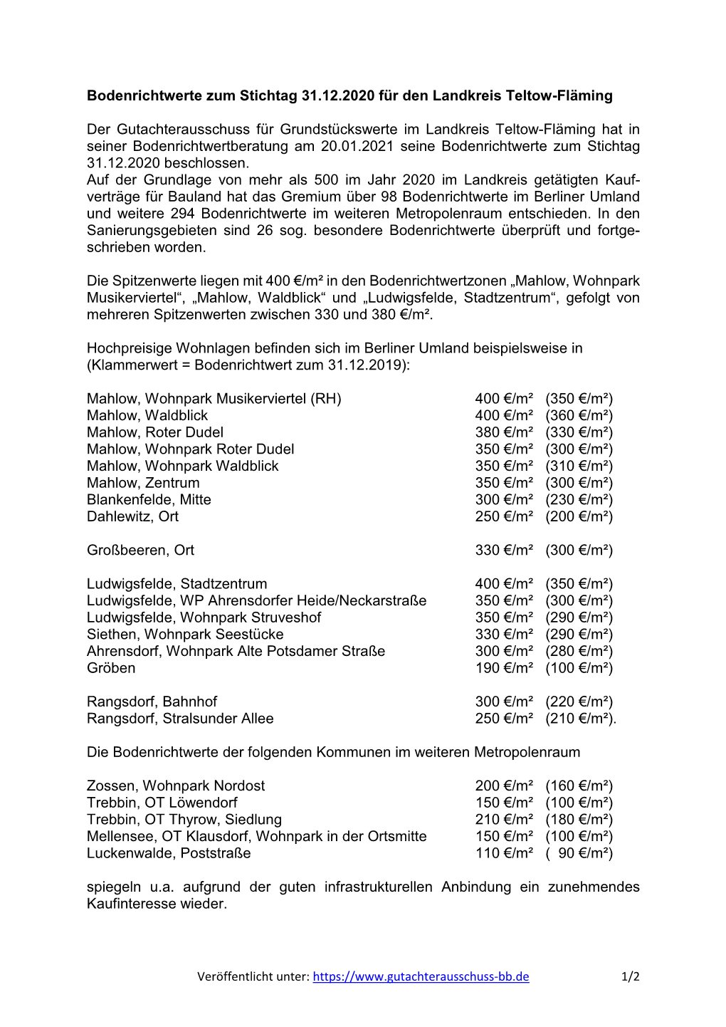 Bodenrichtwerte Teltow-Fläming 31.12.2020