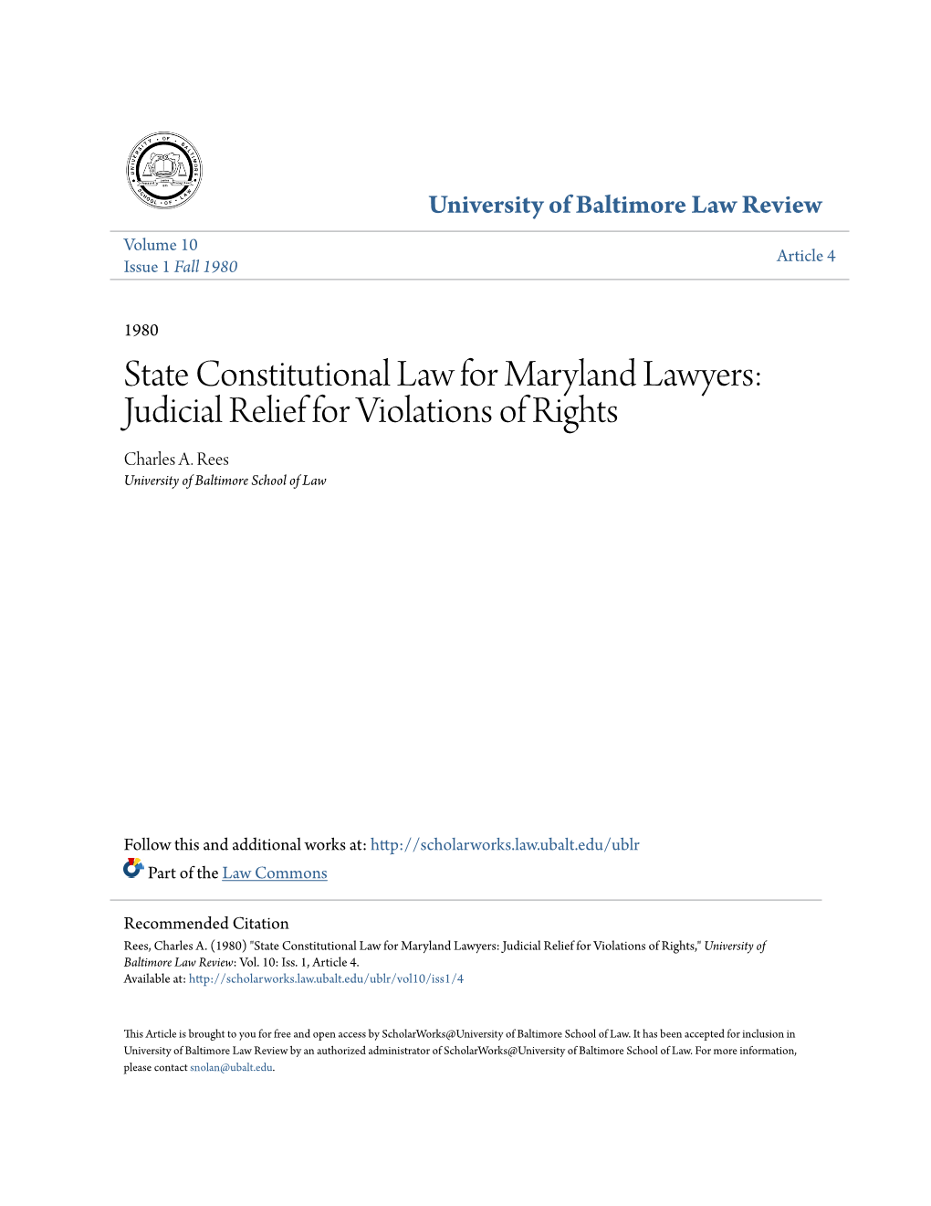 State Constitutional Law for Maryland Lawyers: Judicial Relief for Violations of Rights Charles A