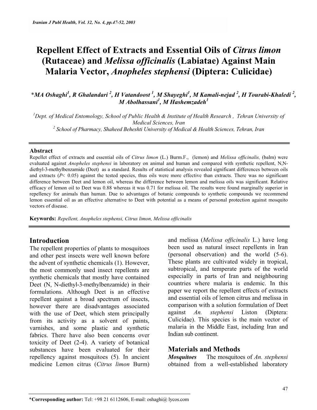 Repellent Effect of Extracts and Essential Oils of Citrus Limon