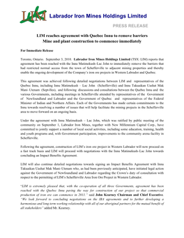 LIM Reaches Agreement with Quebec Innu to Remove Barriers Mine and Plant Construction to Commence Immediately