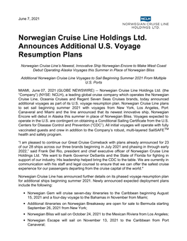 Norwegian Cruise Line Holdings Ltd. Announces Additional U.S. Voyage Resumption Plans