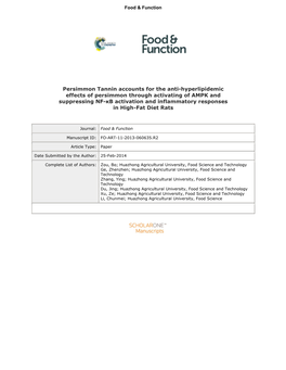 Persimmon Tannin Accounts for the Anti-Hyperlipidemic Effects of Persimmon