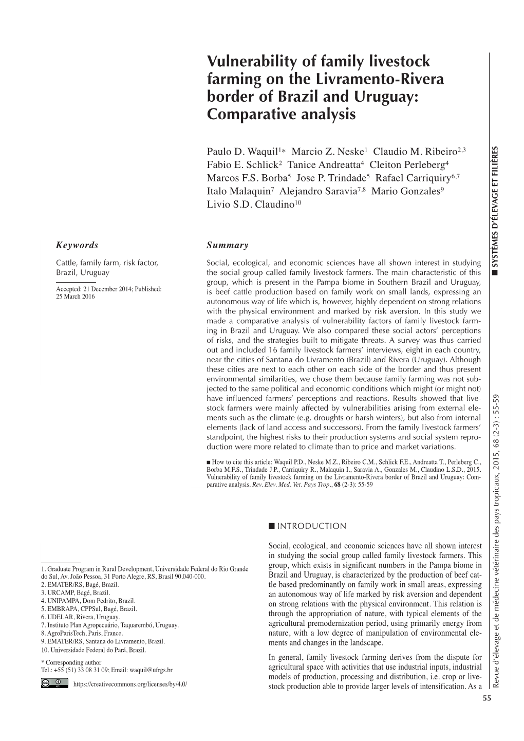 Vulnerability of Family Livestock Farming on the Livramento-Rivera Border of Brazil and Uruguay: Comparative Analysis