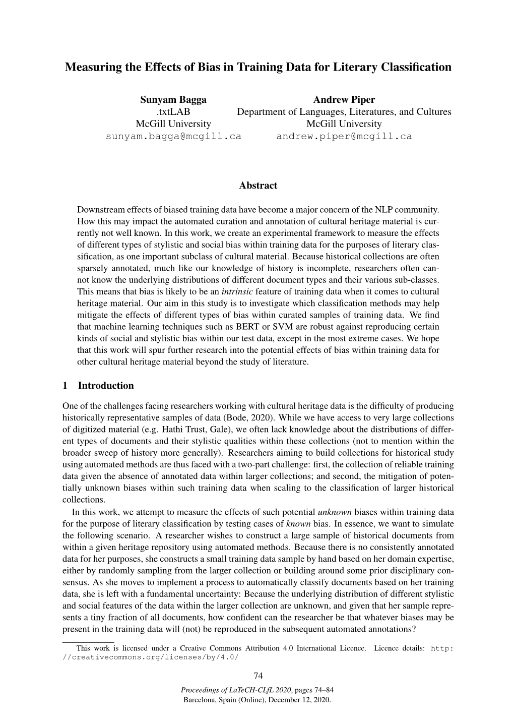 Measuring the Effects of Bias in Training Data for Literary Classiﬁcation