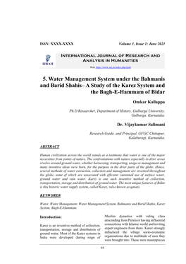 5. Water Management System Under the Bahmanis and Barid Shahis– a Study of the Karez System and the Bagh-E-Hammam of Bidar