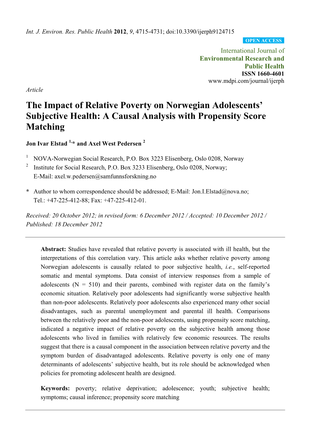 The Impact of Relative Poverty on Norwegian Adolescents' Subjective