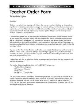 Teacher Order Form the Des Moines Register