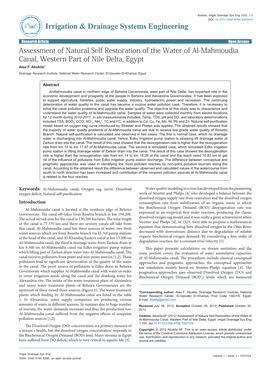 Assessment of Natural Self Restoration of the Water of Al-Mahmoudia Canal, Western Part of Nile Delta, Egypt Alaa F
