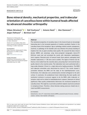 Bone Mineral Density, Mechanical Properties, and Trabecular Orientation of Cancellous Bone Within Humeral Heads Affected by Advanced Shoulder Arthropathy