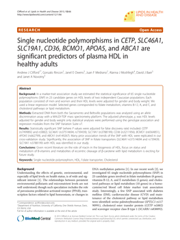 Single Nucleotide Polymorphisms in CETP, SLC46A1, SLC19A1, CD36