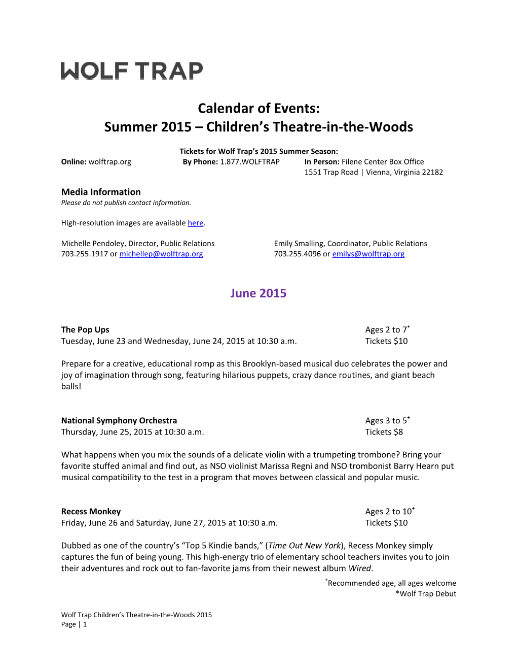 Calendar of Events: Summer 2015 – Children's Theatre-In-The-Woods