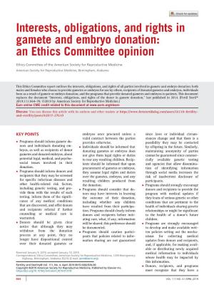 Interests, Obligations, and Rights in Gamete and Embryo Donation: an Ethics Committee Opinion