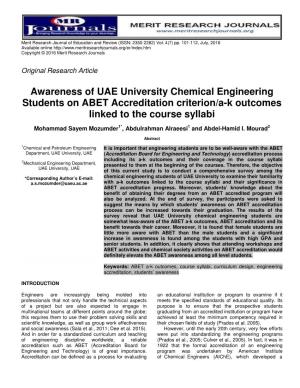 Awareness of UAE University Chemical Engineering Students on ABET Accreditation Criterion/A-K Outcomes Linked to the Course Syllabi