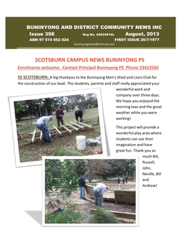 SCOTSBURN CAMPUS NEWS BUNINYONG PS Enrolments Welcome: Contact Principal Buninyong PS Phone 53413560