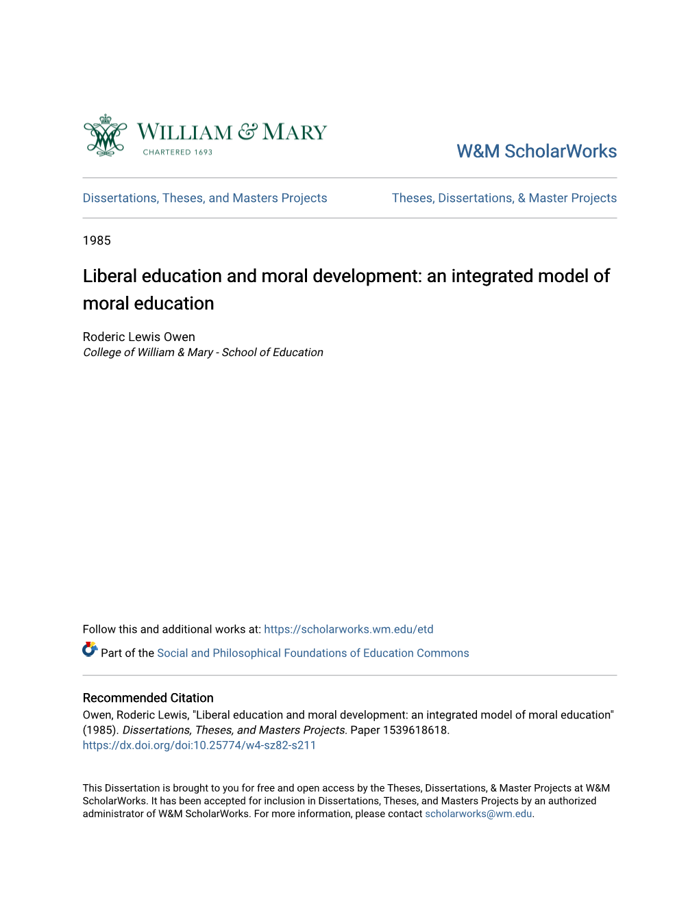 Liberal Education and Moral Development: an Integrated Model of Moral Education