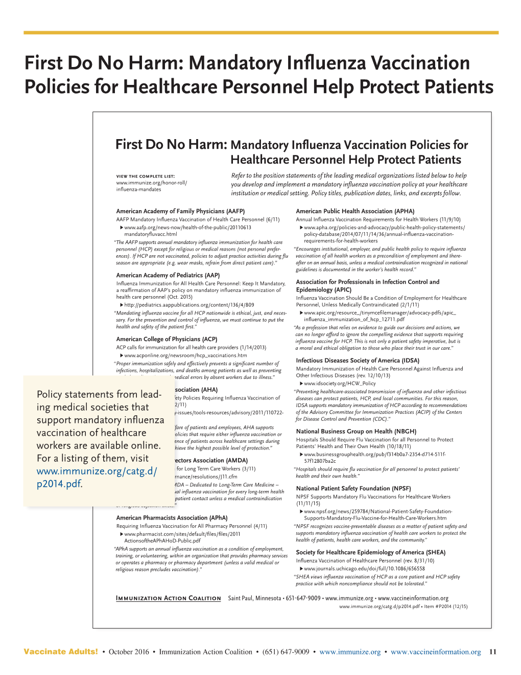 First Do No Harm: Mandatory Influenza Vaccination Policies for Healthcare Personnel Help Protect Patients