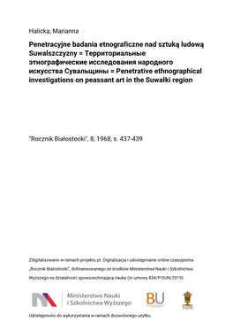 Penetracyjne Badania Etnograficzne Nad Sztuką Ludową Suwalszczyzny = Территориальные Этнографическ