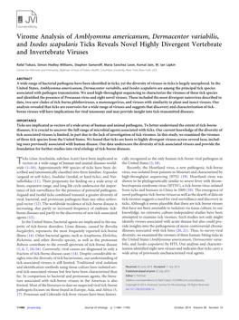 Virome Analysis of Amblyomma Americanum, Dermacentor Variabilis, and Ixodes Scapularis Ticks Reveals Novel Highly Divergent Vertebrate and Invertebrate Viruses