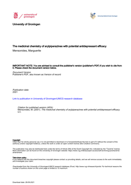 University of Groningen the Medicinal Chemistry of Arylpiperazines With