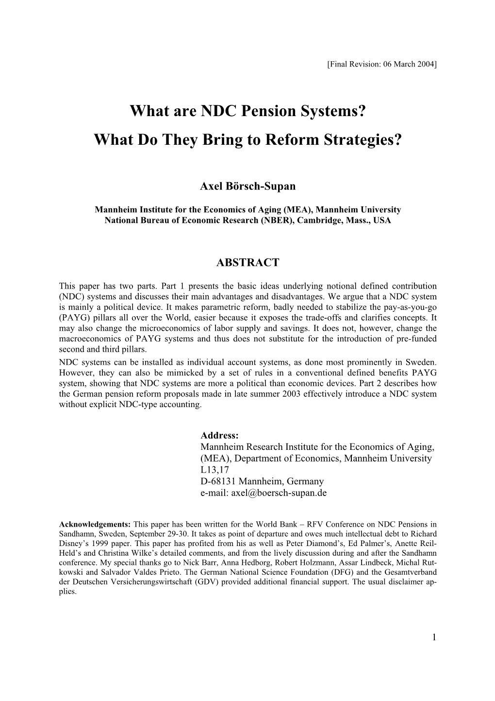 What Are NDC Pension Systems? What Do They Bring to Reform Strategies?