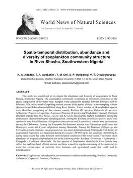 Spatio-Temporal Distribution, Abundance and Diversity of Zooplankton Community Structure in River Shasha, Southwestern Nigeria
