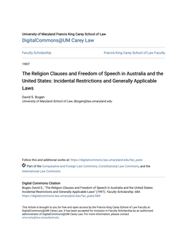 The Religion Clauses and Freedom of Speech in Australia and the United States: Incidental Restrictions and Generally Applicable Laws