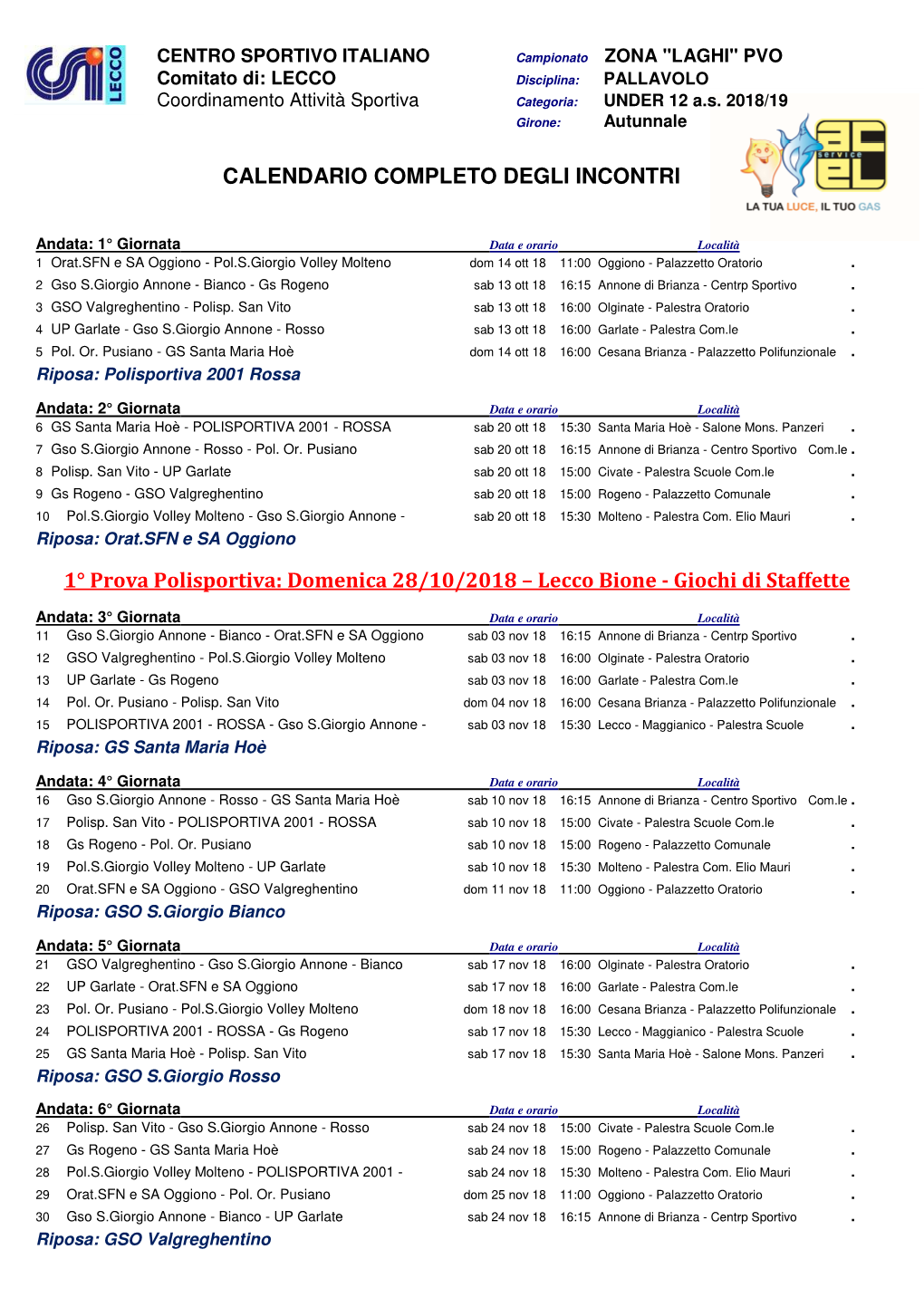 CALENDARIO COMPLETO DEGLI INCONTRI 1° Prova Polisportiva