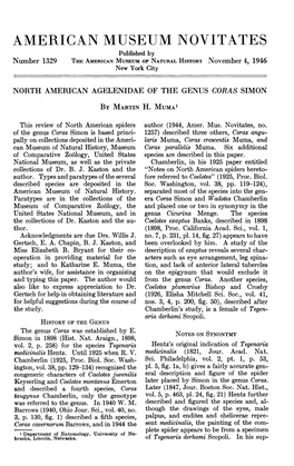 AMERICAN MUSEUM NOVITATES Published by Number 1329 the AMERICAN MUSEUM of NATURAL HISTORY November 4, 1946 New York City