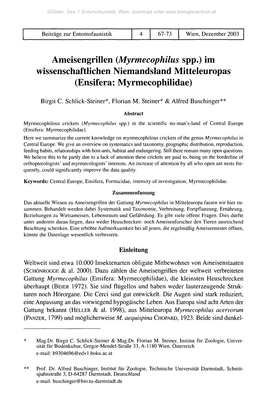 Ameisengrillen {Myrmecophilus Spp.) Im Wissenschaftlichen Niemandsland Mitteleuropas (Ensifera: Myrmecophilidae)