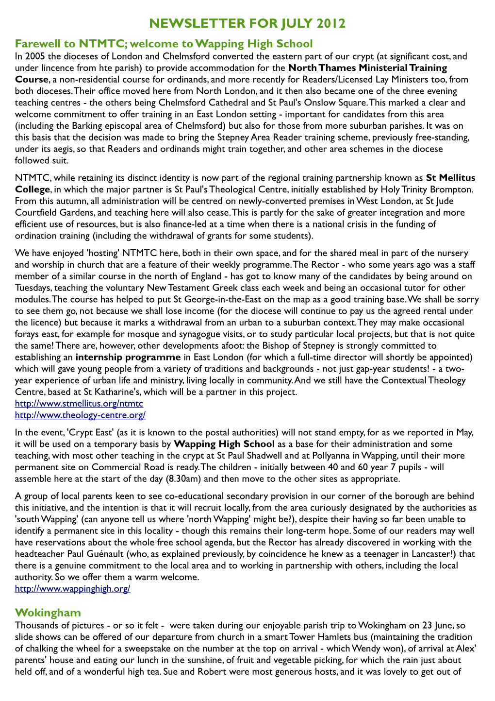 Newsletter for July 2012