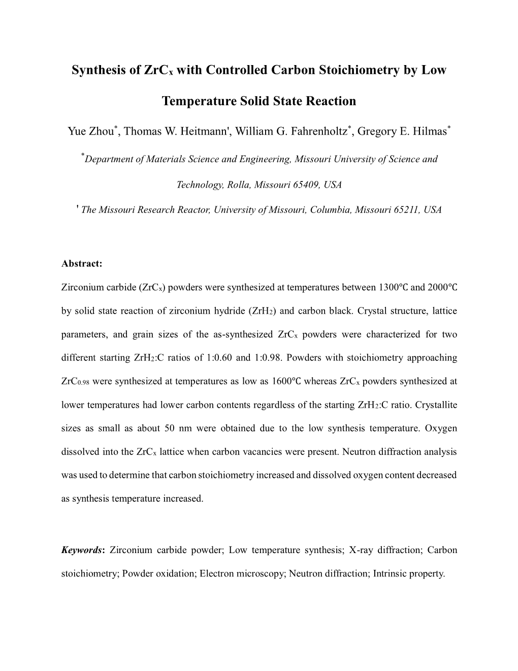 Synthesis of Zrcx with Controlled Carbon Stoichiometry by Low