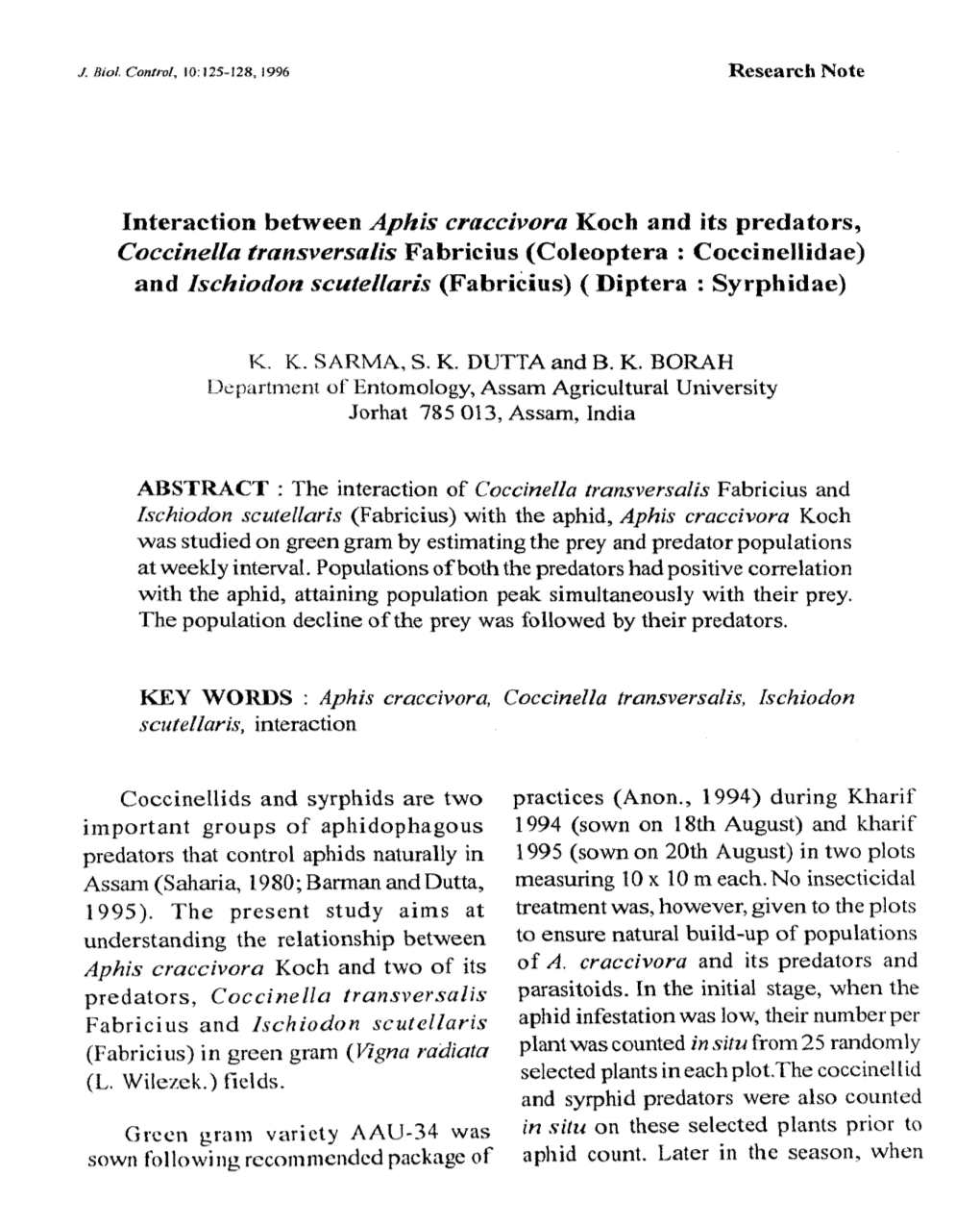 Interaction Between Aphis Craccivora Koch and Its Predators, Coccinella Transversalis Fabricius