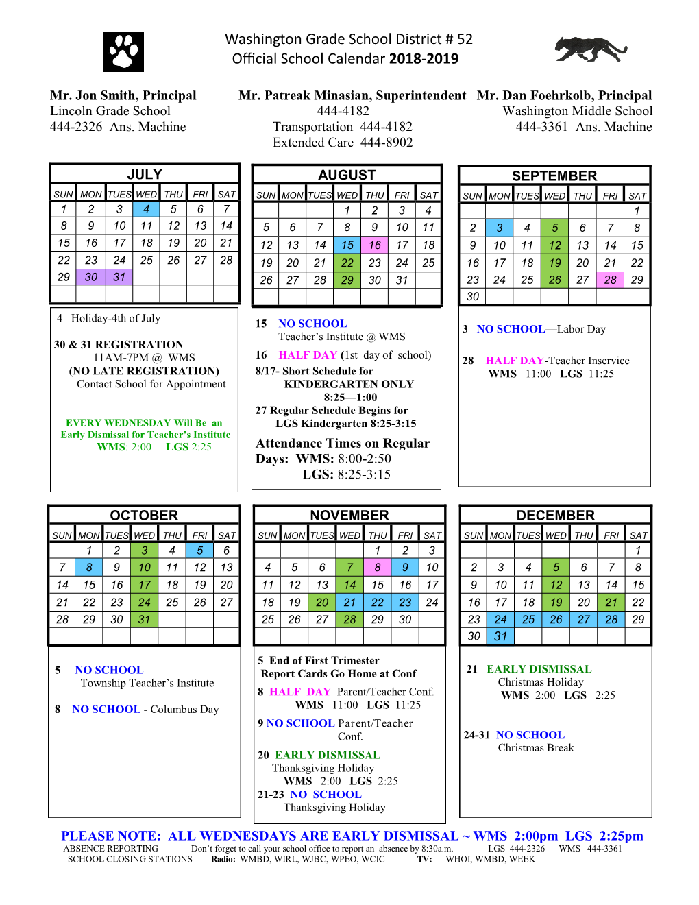Washington Grade School District # 52 Official School Calendar 2018-2019